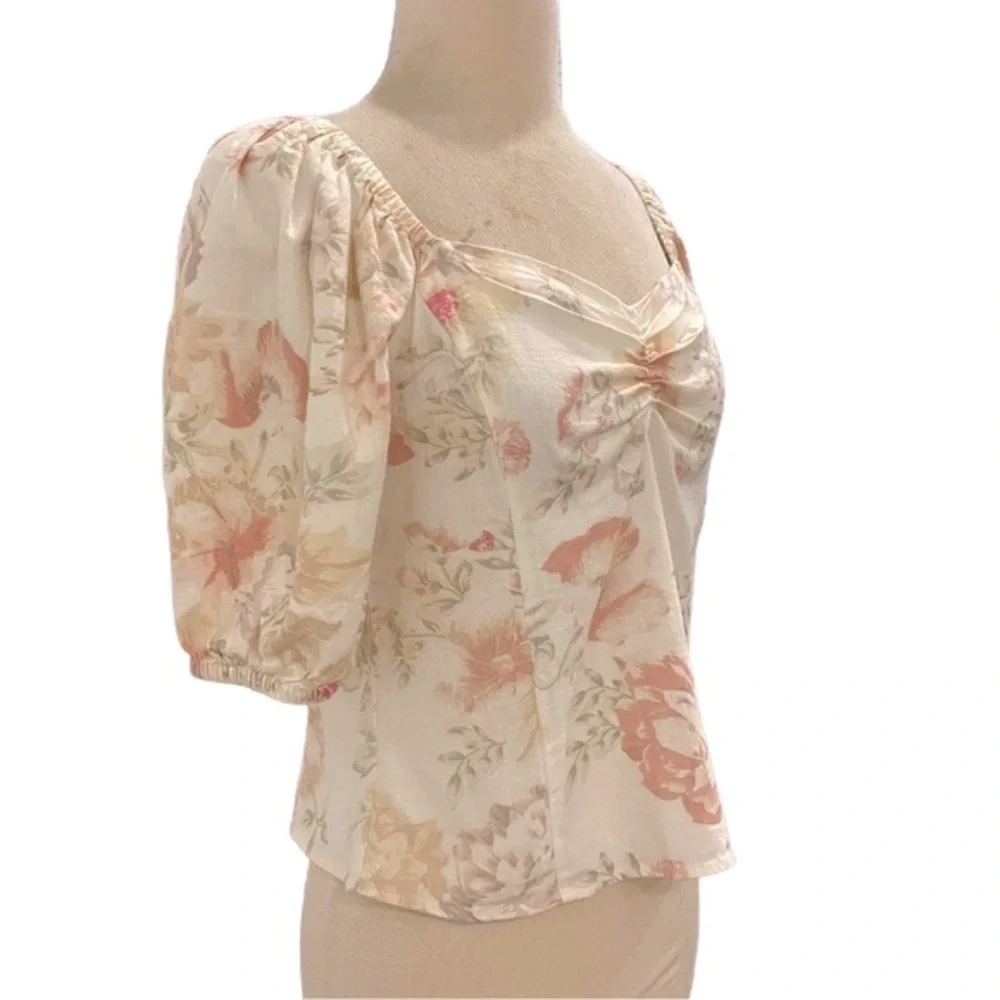 Puff Sleeve Floral Sweetheart Neck Linen Prairie Style Top